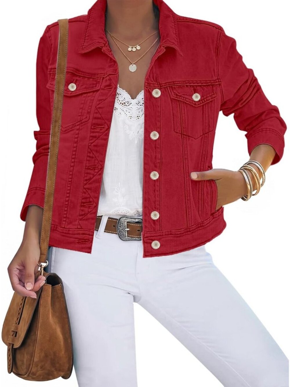 Women's True Red Cotton Button Down Stretch Fitted Long Sleeve Jean Jacket